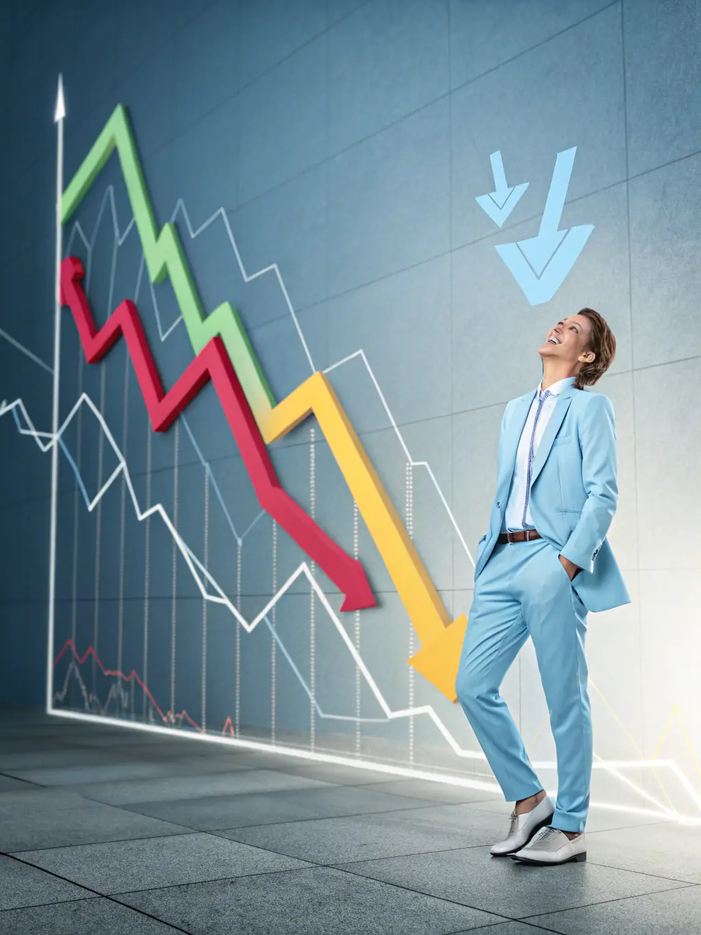 A graphic illustrating cost savings through automation, showing a downward trending graph with a smiling business person.