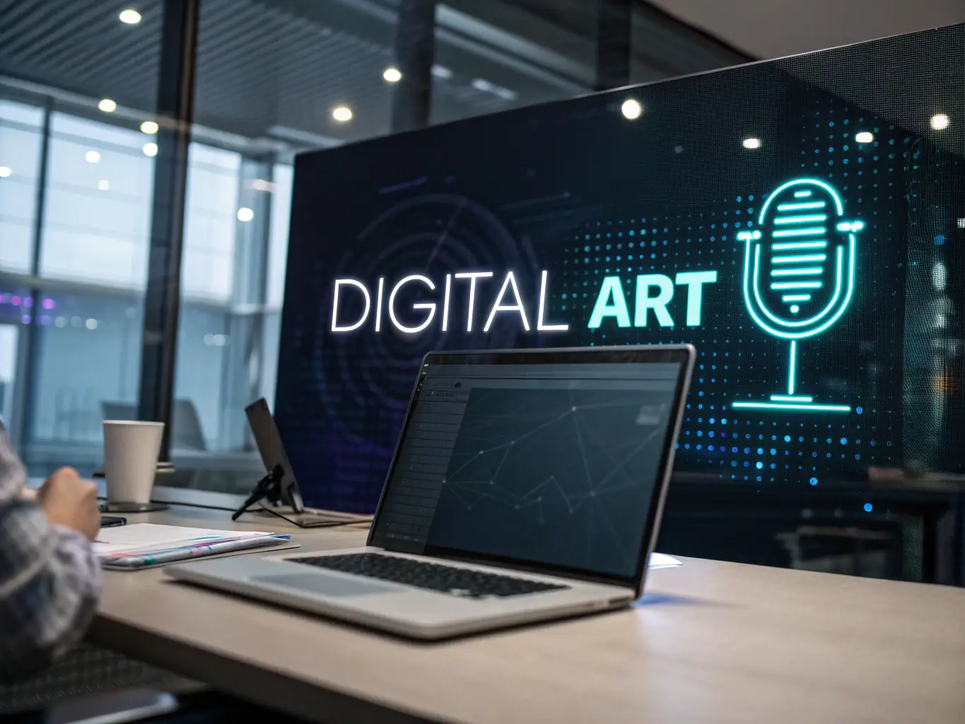 A dynamic image depicting a speech-to-text application in use, showing a microphone icon converting spoken words into digital text in real-time, set against a modern office background.