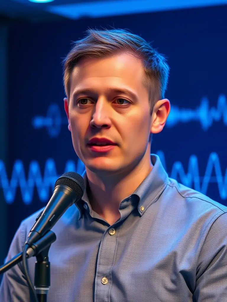 A professional headshot of a person speaking into a microphone, with sound waves visualized in the background, representing Kimobu's speech-to-text technology.