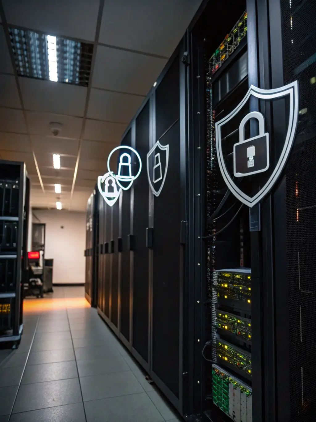 A secure server room with restricted access, representing air-gapped deployment of Kimobu's AI solutions. The image should convey maximum security and isolation.