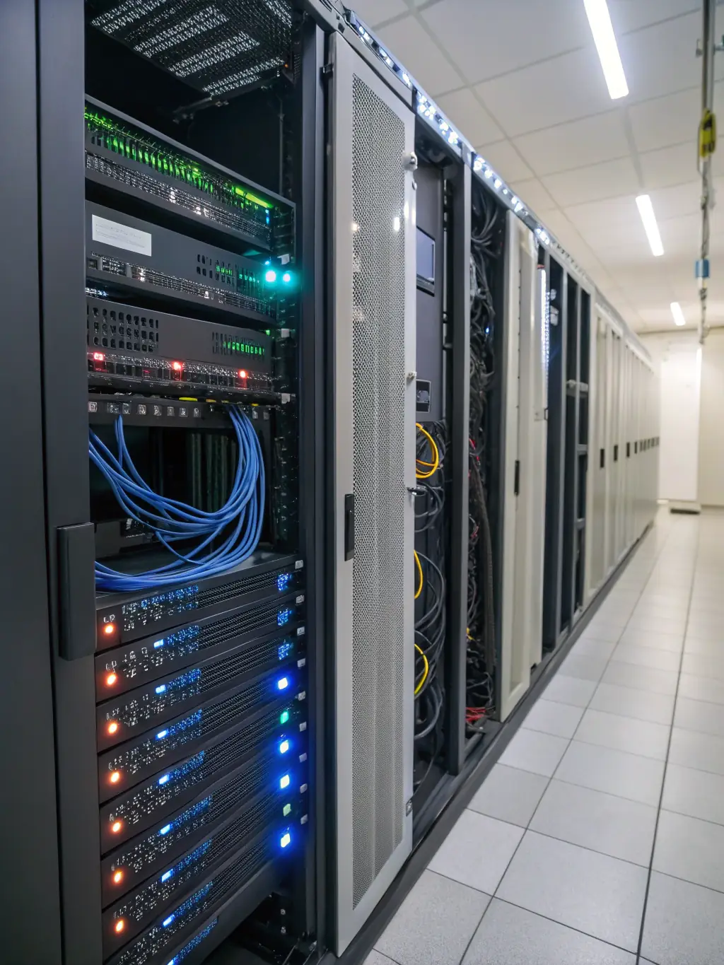 A server rack in a data center, symbolizing on-premise deployment of Kimobu's AI solutions. The image should convey reliability and control.
