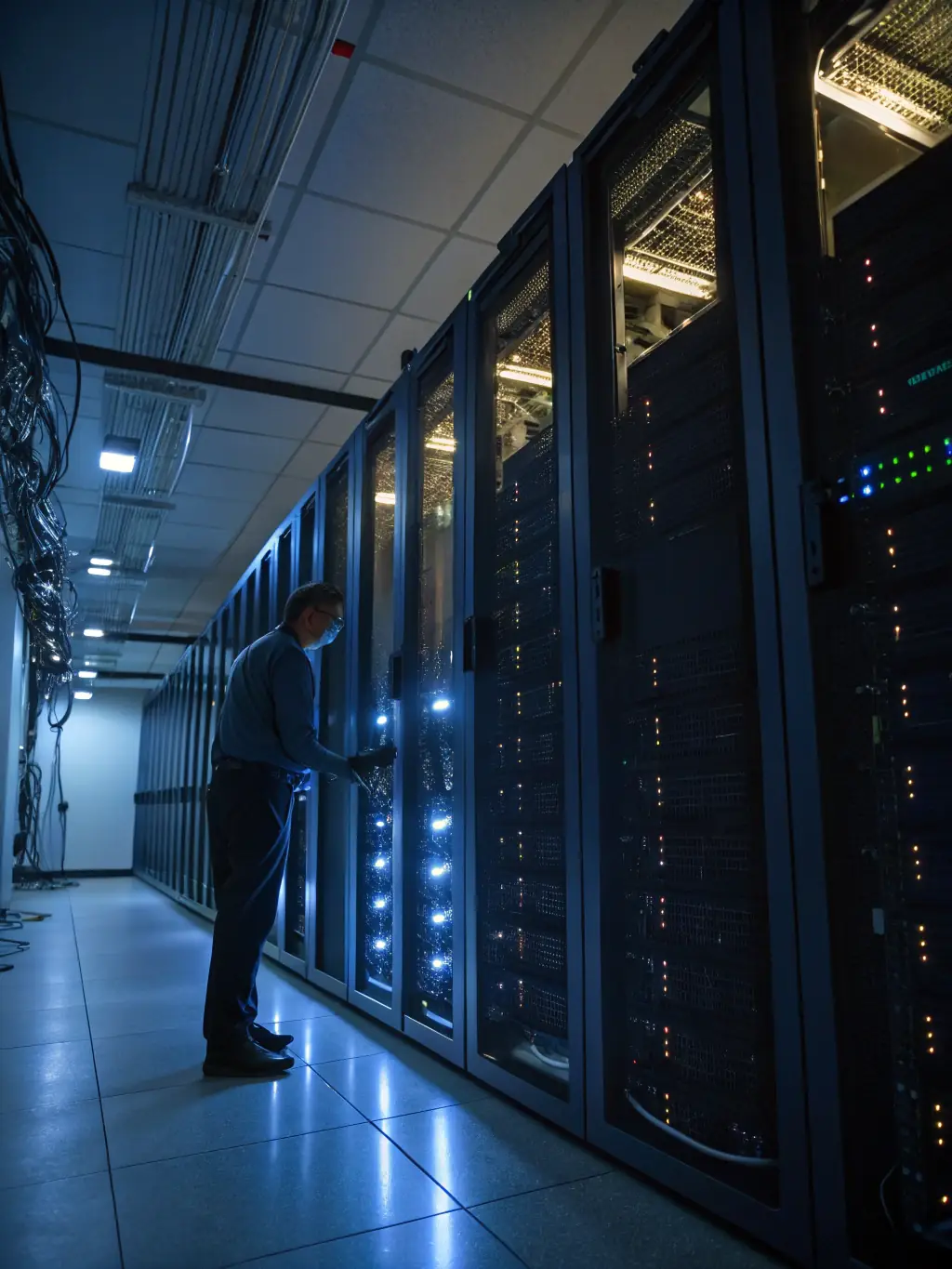 A professional image depicting a server room with glowing lights, symbolizing the scalability of Kimobu's AI solutions.
