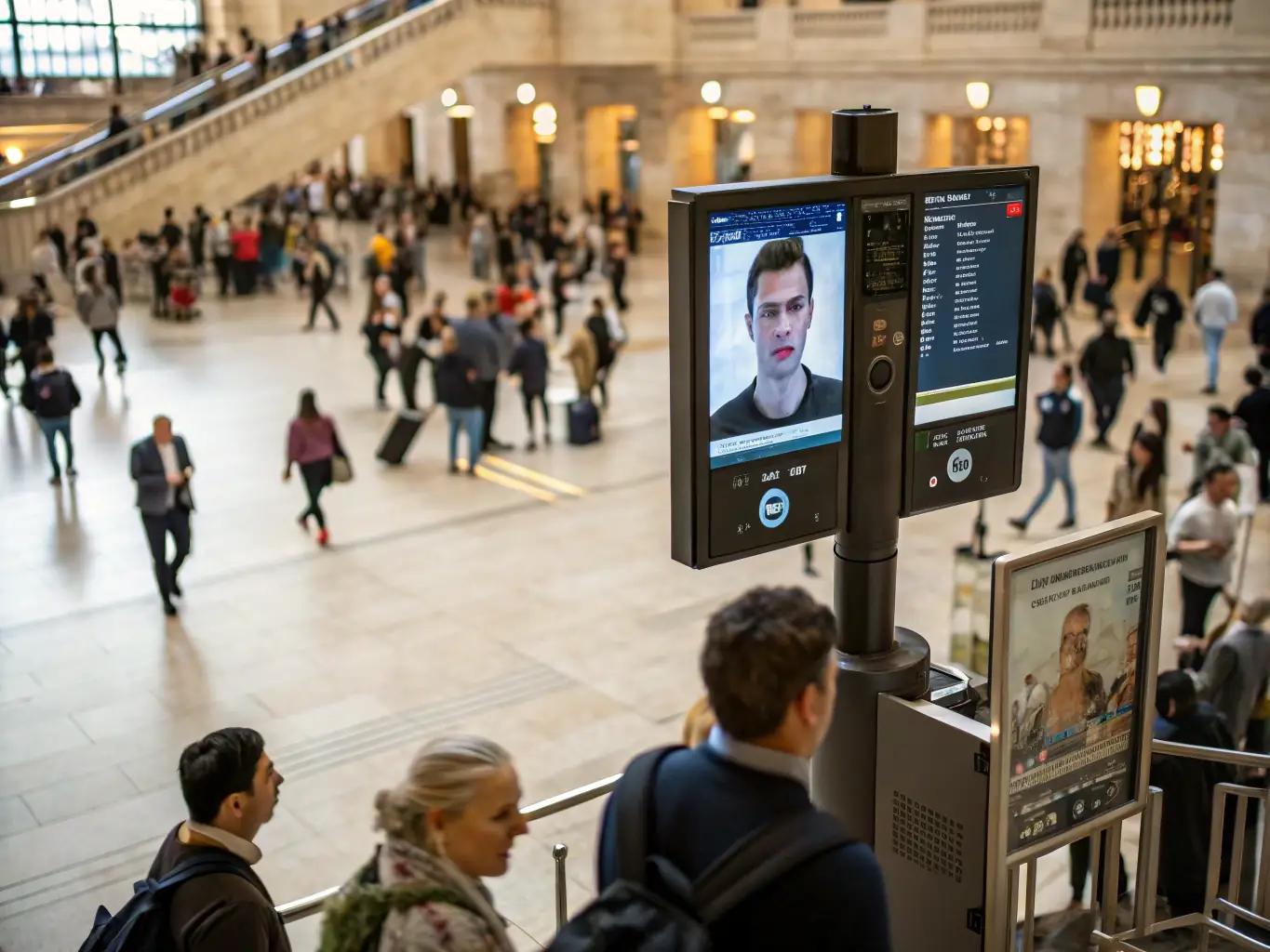 A high-resolution image showcasing facial recognition technology identifying individuals in a crowd, with highlighted faces and data overlays indicating successful matches.